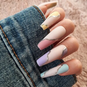 Chrome Swirl Press On Nails | Handmade Abstract Rainbow Nails | Custom Colorful Nail Set | Trendy Reusable Nails for Festival or Summer