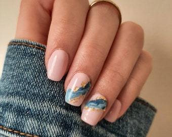 Handmade Press On Nails | Custom | Blue Marble | Gold foil flakes | Pink Short Coffin