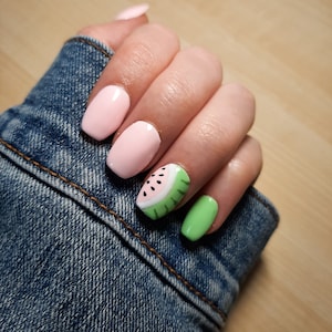 Watermelon Press On Nails | Handmade Custom Fruit Nail Art for Summer | Cute Colorful Reusable Nails | Fun Vacation Manicure Set