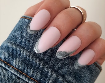 Handmade Press On Nails | Custom | Abstract french| White black marble | Matte pink