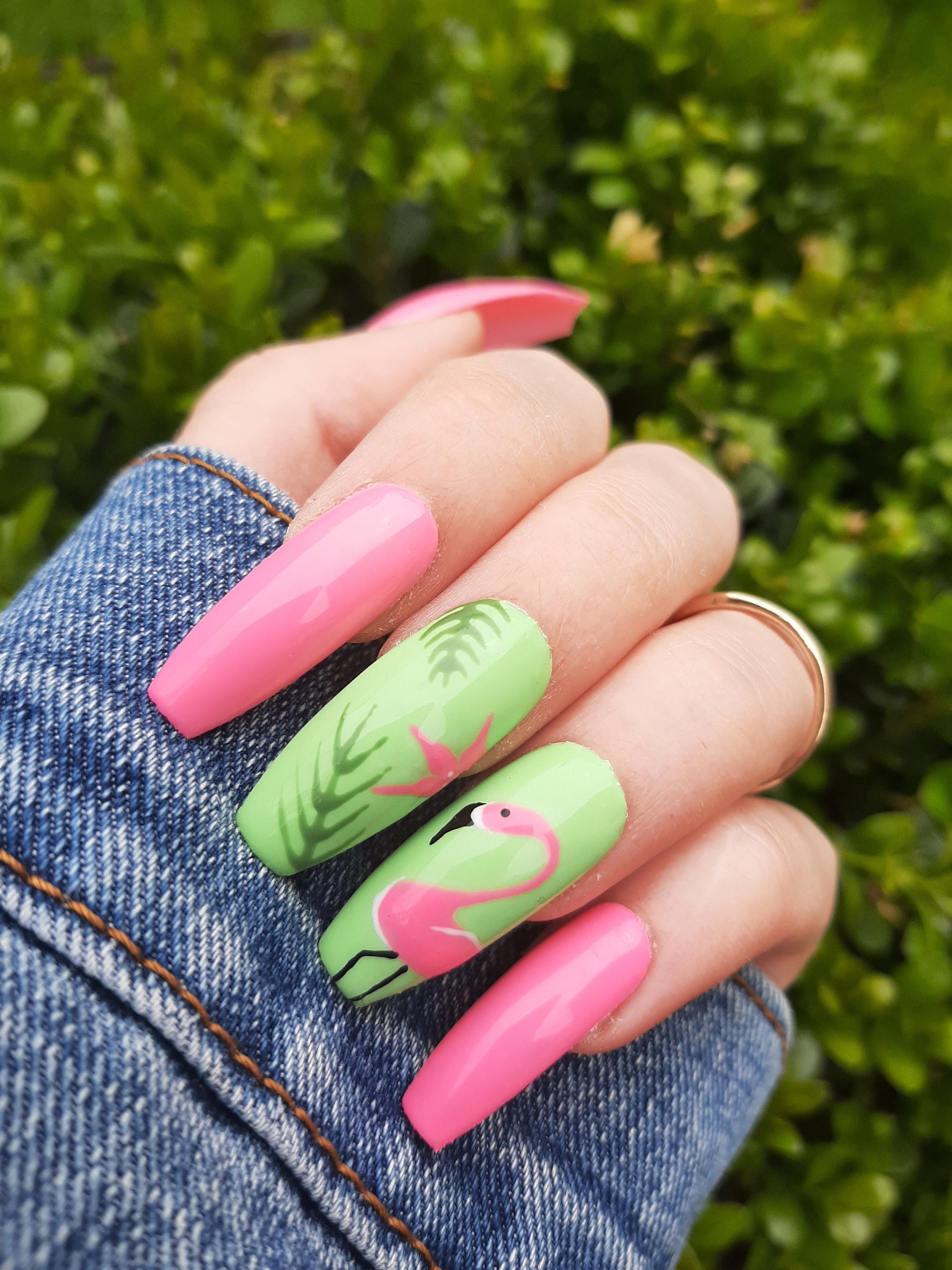 Tropical Flamingo Press On Nails | Handmade Summer Nail Set with Flowers & Leaves | Beach Vacation Nails | Custom Reusable Nail Art