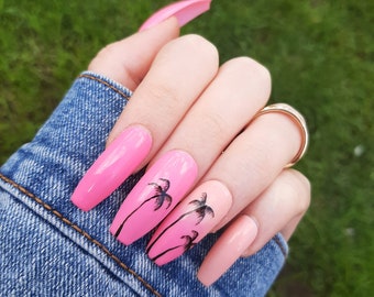 Palm Tree Sunset Press On Nails | Handmade Tropical Beach Nail Set | Summer Vacation Nails | Custom Reusable Nail Art | Island Vibes