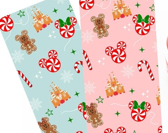 May include: Two Christmas-themed bookmarks with candy cane and gingerbread man patterns, alongside two red and white striped candy canes. One bookmark is light blue, the other is pink. The patterns include Mickey Mouse-shaped candy, gingerbread men, and castle illustrations.