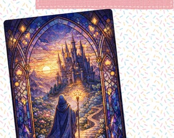 May include: Digital download for Kindle devices. The image features a stained-glass style illustration of a robed figure with a staff, walking towards a castle at sunset. The text at the top indicates the download includes 4 sizes to fit Kindle Paperwhite and Basic models.