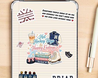 May include: A clear tablet case with various stickers. Stickers include "Hockey Romance", "Hot Hockey Boys & Happy Endings", a hockey jacket, a figure skater, and text that reads "Briar University Book Club".