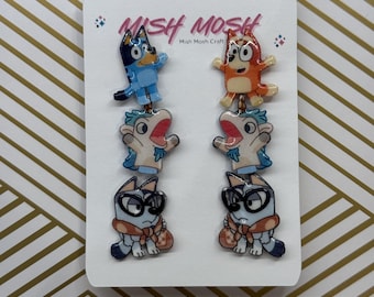 Bluey Stud Earrings | Bluey Bingo Clip On Earrings | Muffin Unicorse Grannies | Birthday Girl Jewelry| Shrinky Dink and Epoxy Resin Jewelry
