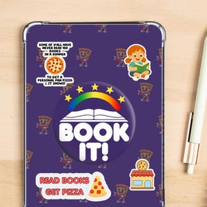 May include: A purple tablet case with the words "BOOK IT!" in white. The case is decorated with pizza and book-themed stickers. Text on the case includes "SOME OF Y'ALL HAVE NEVER READ 100 BOOKS IN A SUMMER" and "READ BOOKS GET PIZZA".