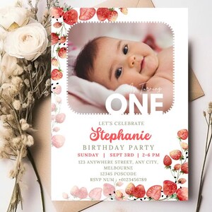 Adorable Editable Strawberry First Birthday Invitation for Your Little Girl, Customizable Template, Charming Sweet Berry Design