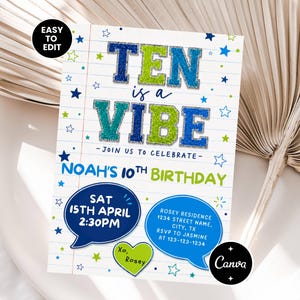 Editable 10th Birthday Invitation | Boy's Party Invite (Instant Download) | Ten is a Vibe, Preppy Patch Letters Ten Birthday, Canva