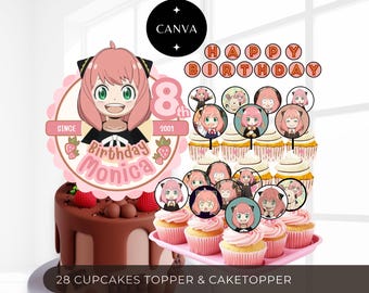 Anya Birthday Cake Toppers n Digital Cupcakes Toppers, Printables Caketopper, Girls anime party spy x family card, peach party deco favors