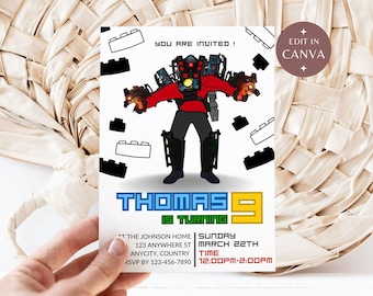 May include: A birthday invitation for a boy named Thomas turning 9. The invitation features a cartoon robot with red, black, and white details. The text "YOU ARE INVITED!" is at the top of the invitation. The invitation also includes the text "Thomas is turning 9" in a blue and yellow box. The invitation includes the date, time, and location of the party.