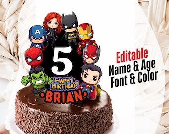 Superhero Birthday Caketopper, Boy Caketopper, Kids party favors, Digital Cake topper, Printables Canva templates, caketopper first birthday