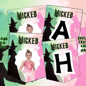 Invitación editable para fiesta de cumpleaños con pancarta malvada y foto, suministros para fiestas en rosa y verde, Glinda Elphaba, cumpleaños de adolescentes, imprimibles para niñas y niños