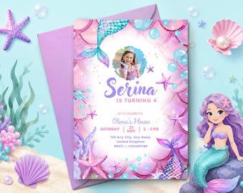 Mermaid Birthday Invitation, Under the Sea Party Invite for Girls, Purple Pink Digital Template, Editable Canva, Instant Download