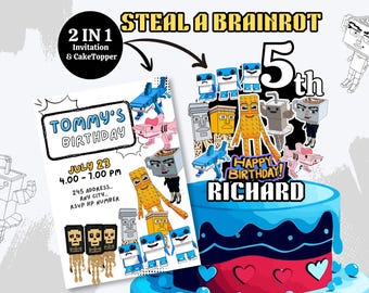 Steal a brain rot Birthday Invite n Caketopper, Girl Boy Kids Party Invitations, Printables Digital Card, Tralalelo Tung Sahur Ballerina Set