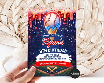 Baseball Ice Cream Birthday Invitation | Sports Ice Cream Drip Party Invite for Boys | Editable Printable Baseball Party | Teen birthday