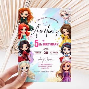 Faire-part d'anniversaire princesse Disney modifiable pour les filles, invitations de fête d'enfants, thème pastel de carte numérique, imprimables téléchargement immédiat sur toile