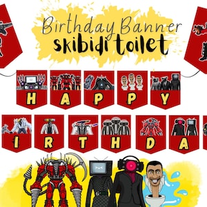 Verjaardagsbanner Skibidi Toilet Upgraded Titan Speakerman TVman Cameraman Rood Geel Thema Verjaardag