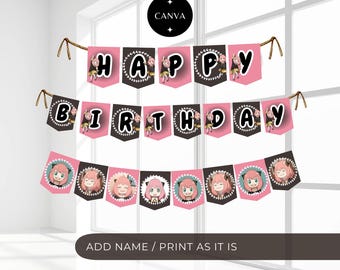 Anya Spy x Family Birthday Banner | Pink Anime Girl Party Decorations | Kids Birthday Printable | Digital Download | Canva Template