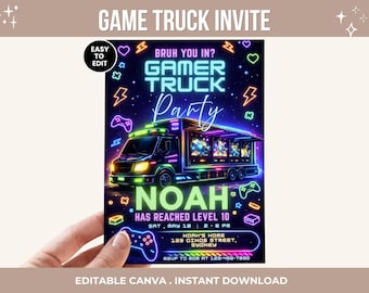 Può includere: Invito per una festa Gamer Truck con un camion nero e attrezzatura da gioco. Il design include il nome "NOAH" e i dettagli dell'evento. Il testo "BRUH YOU IN?" e "HAS REACHED LEVEL 10" sono inclusi.