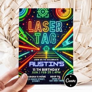 Op de afbeelding: Een kleurrijke uitnodiging voor een laser tag verjaardagsfeestje. Het ontwerp bevat neon groene, blauwe, oranje en rode graphics met de woorden "LASER TAG". De uitnodiging bevat de verjaardagsgegevens en RSVP-informatie.