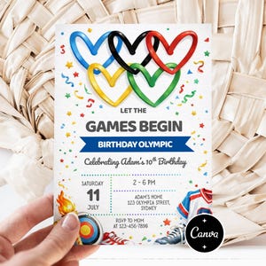 Könnte beinhalten: Eine Geburtstagseinladung mit olympischem Thema. Das Design zeigt farbenfrohe, ineinandergreifende Herzformen, Konfetti und den Text "Let the Games Begin". Details wie Datum, Uhrzeit, Ort und RSVP-Informationen sind enthalten. Die Einladung befindet sich vor einem gewebten Hintergrund.