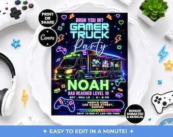 Może przedstawiać: Cyfrowy ulotka z zaproszeniem z grafiką ciężarówki dla graczy w stylu neonowym na ciemnym tle. Tekst zawiera BRUH YOU IN?, GAMER TRUCK PARTY, NOAH HAS REACHED LEVEL 10, SAT, MAY 18, 2-6 PM, NOAH'S HOME, 123 DINOS STREET, SYDNEY oraz RSVP TO MOM AT 123-456-7890.