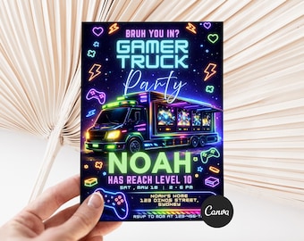 Video Game Truck Birthday Invitation, Neon Gamer Truck Party Invite, Gaming Bus Birthday Invitation, Gaming Truck Invite, Editable Canva