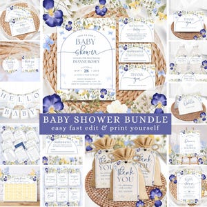 Blue Baby Shower Bundle, Boy Baby Shower Invite, Wildflower Games bundle , Blue Theme ideas, Baby Shower Decorations Floral Print