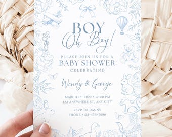 Uitnodiging babyshower teddybeer | Stoffige blauwe vintage klassieke uitnodiging met bloemen | Afdrukbare bewerkbare sjabloon direct downloaden