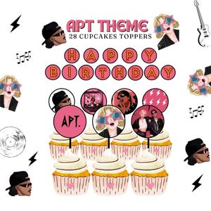May include: A set of 28 cupcake toppers featuring a pink and red "Happy Birthday" banner, a pink circle with the text "APT." and various images of people wearing sunglasses and a lightning bolt. The toppers are designed for a birthday party with a pop star theme.