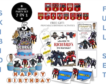 Skibidi Toilet Boy Birthday Bundle, Kid Invitation Card Party deco, Birthday Favor, Banner, Cake Cupcakes Topper, Poster, Food Label, Tq tag