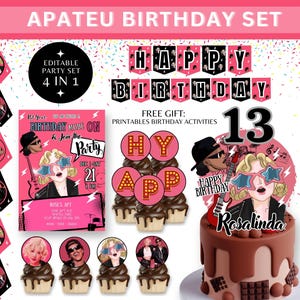 Bearbeitbare APAT-EU Geburtstagseinladung, Vorlagenpaket, schwarz rosa Bru-no-Mars und Rose, Teen Rockstar-Ideen, Mädchen-Jungen-Gastgeschenk