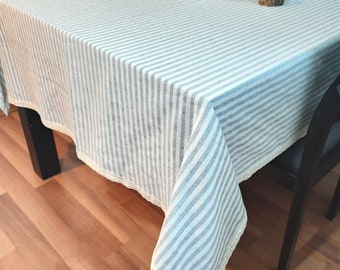Linen Table Cloth With Lace, Natural Cotton Linen Grey and Ivory Striped Tablecloth, Linen Table Textile, 60"x 83" (150x210 cm)