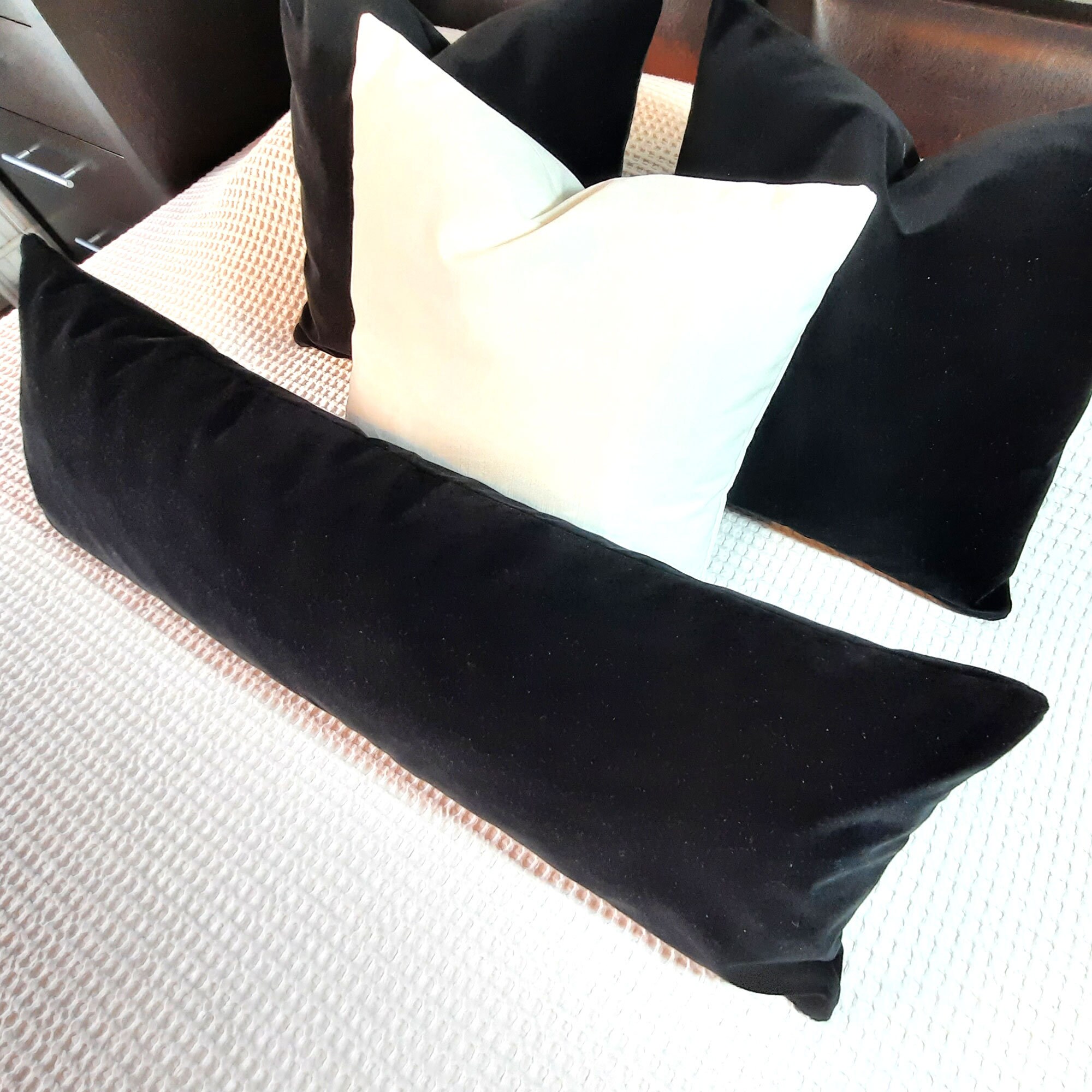Luxury Black Oversized Lumbar Throw Pillow Cover, Long Velvet Pillow