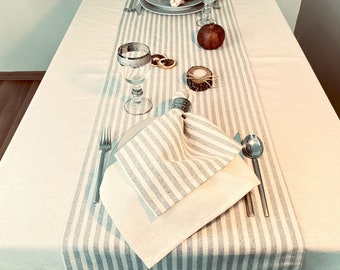 Linen Table Cloth, Beige and Grey Striped Cotton Linen Table Cloth, Custom Size Table Cloth