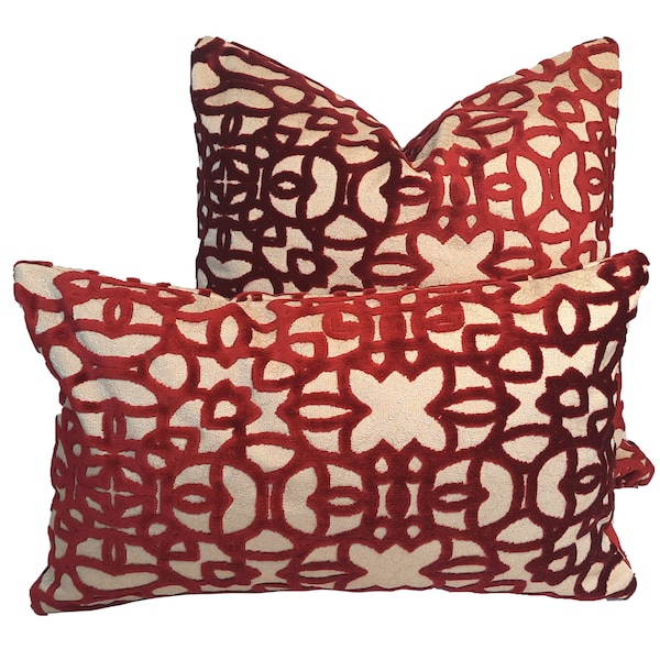 Luxury Red and Beige Cut Velvet Pillow Cover, Floral Pattern Velvet Pillow Case20"x20"