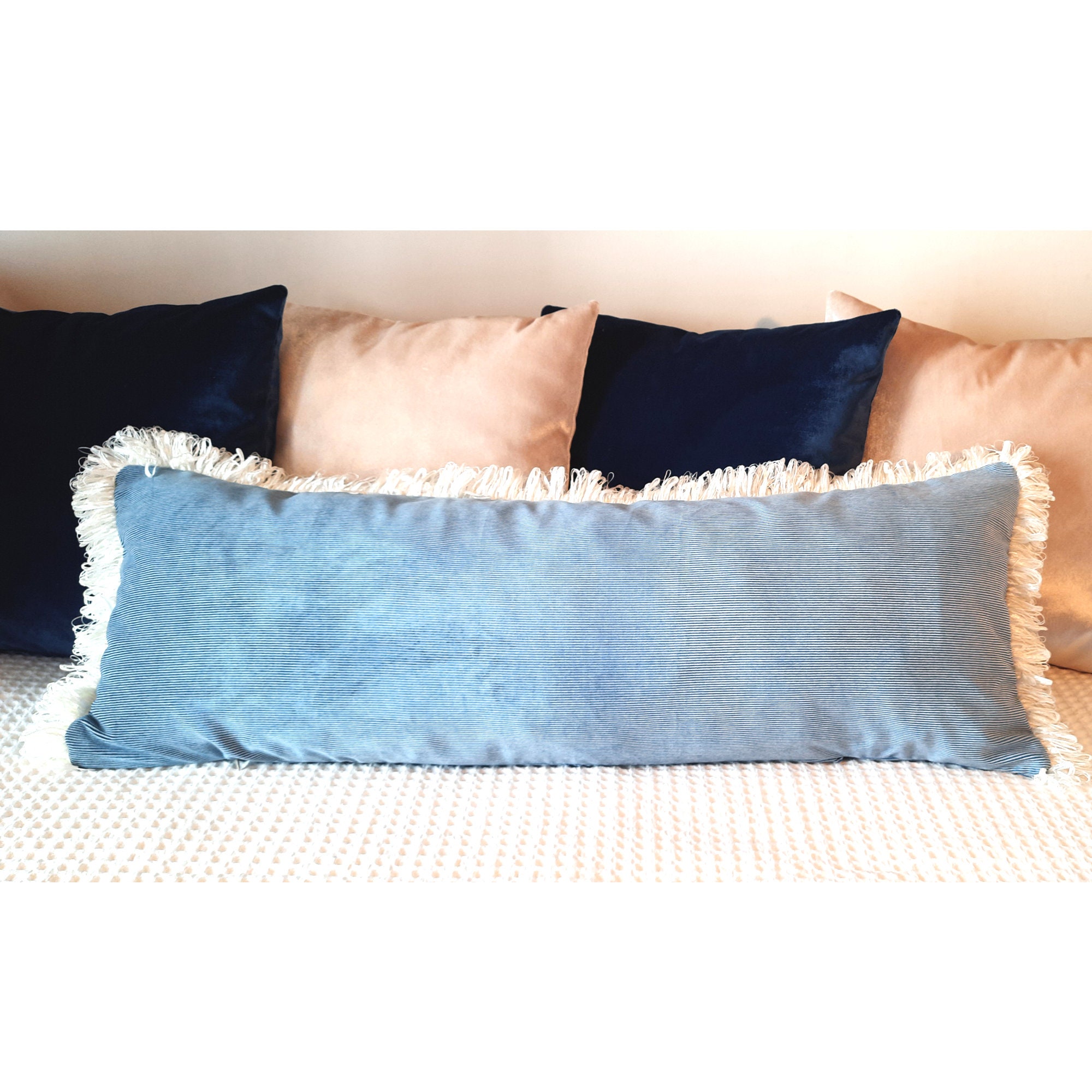 Luxury Blue and White Striped Velvet Pillow Cover with White Etsy