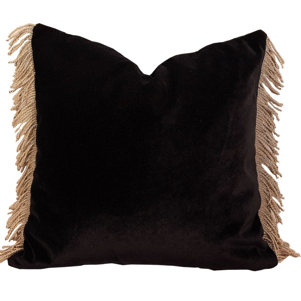 Luxury Black Velvet Pillow Cover With Gold Fringed, 18"x18", 20"x20", 12"x20"