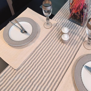 Farmhouse Linen Table Runner, Grey Striped Boho Table Runner, Long Table Runner, 16&quot;x56&quot;, 16&quot;x72&quot;