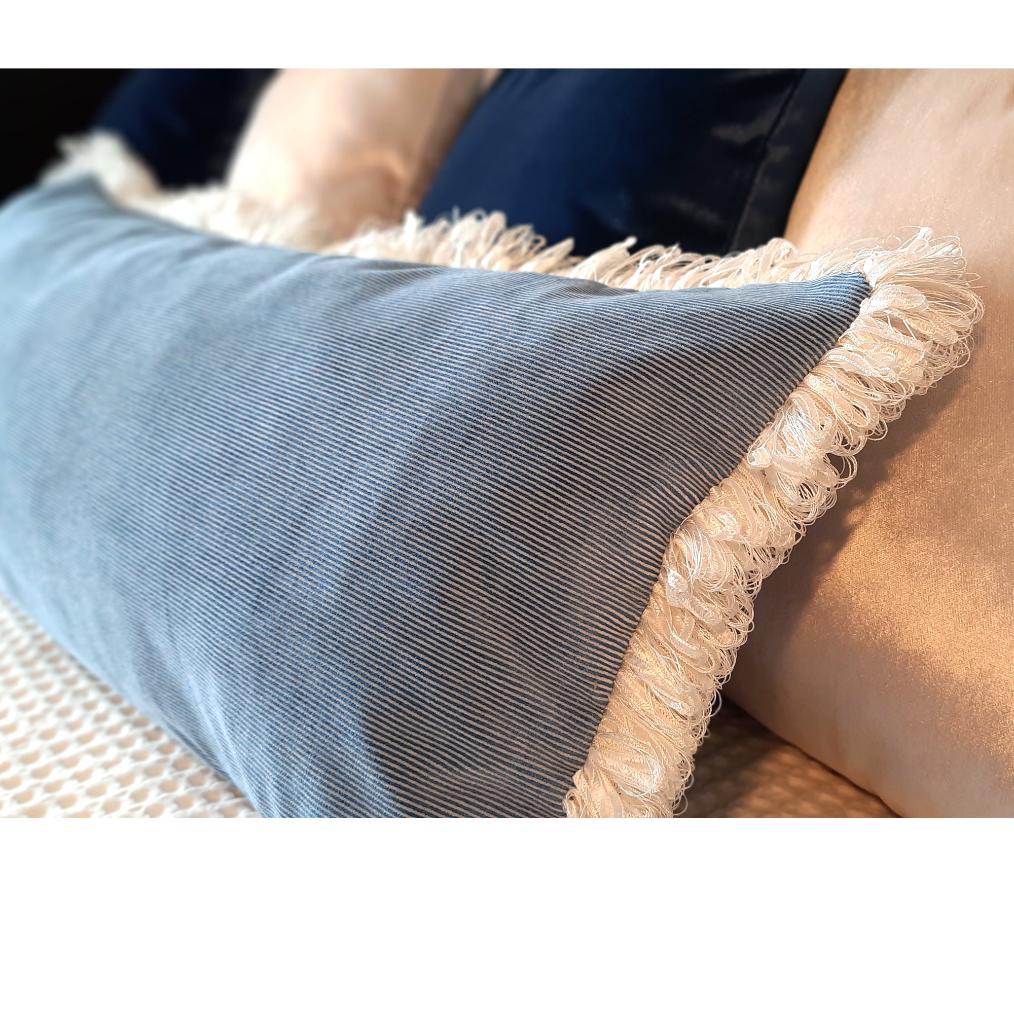 Luxury Blue and White Striped Velvet Pillow Cover with White Etsy