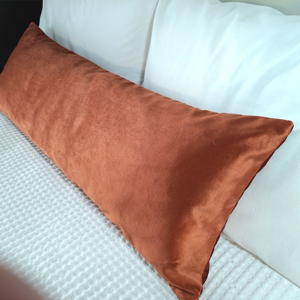 Orange Rust Velvet Lumbar Pillow 14"x36", Decorative Large Pillow, Long Velvet Pillow