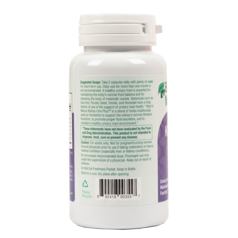 May include: White bottle of Best in Nature Kidney-One Plus dietary supplement capsules for urinary tract health. The bottle has a green label with the product name and suggested usage instructions. The label also includes a disclaimer stating that the product is not intended to diagnose, treat, cure, or prevent any disease.
