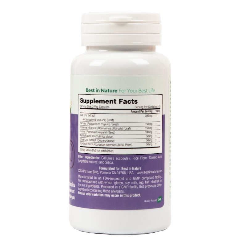 May include: White bottle with a green label that says "Best in Nature" and lists supplement facts for a product containing Ursi Extract, Parsley, Rosemary Extract, Fennel, Nettle Root Extract, Olive Leaf Extract, and Horsetail Herb. The bottle is on a white background.