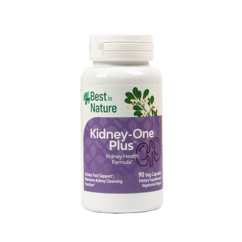 May include: A white bottle with a purple label that says "Kidney-One Plus" and "Kidney Health Formula". The label also says "Urinary Tract Support", "Maintains Kidney Cleansing Function", and "90 Veg Capsules Dietary Supplement Vegetarian/Vegan".
