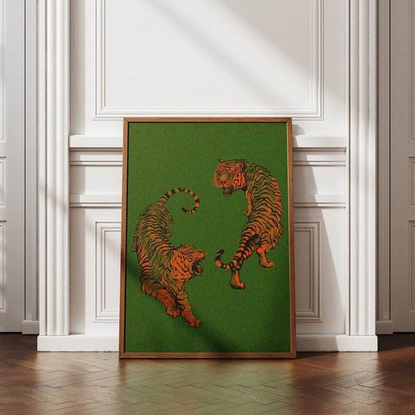 Tijgerkunstprint, funky print, trendy kunstafdrukken, slaapzaaldecor, digitale download, esthetische kunstwerken, dierlijke kunstprint, minimale poster, retro