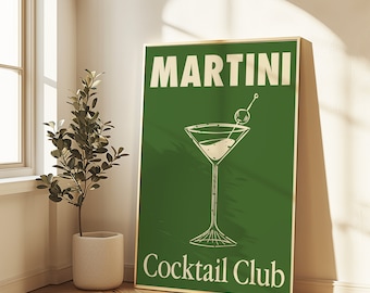Martini Print, Retro Cocktail Poster Print Art, Bar Cart Print, Kitchen Decor, Alcohol Poster, Trendy Digital Download Wall Art, Digital Art