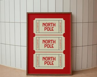 North Pole Ticket Poster, Christmas decor, Trendy Christmas Prints, Christmas Wall Art, Holiday Decor, Digital print, Red Christmas Art