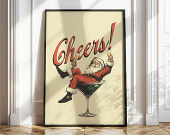 May include: A vintage-style illustration of Santa Claus sitting in a martini glass, holding a glass of champagne in each hand. The text "Cheers!" is written in red above Santa.