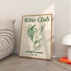 Wine Club Kitchen Wall Art, Trendy Retro Prints, Bar Cart, Kitchen Decor, Vintage Alcohol Poster, Mid Century Modern Print,